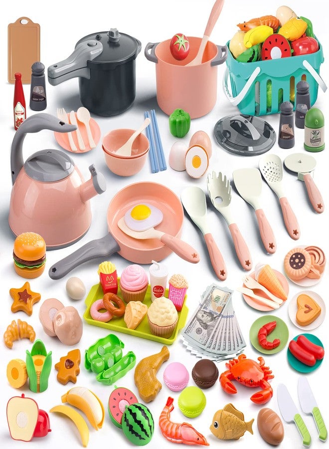 Funpynani 130Pcs Kitchen Playset, Toddler Pretend Cooking Play Pots, Pans, Utensils Cookware, Daily Food Fruit Veges, Shopping Storage Basket, Dessert, Prop Money, Learning Gift for Child (Pink) - Image 1